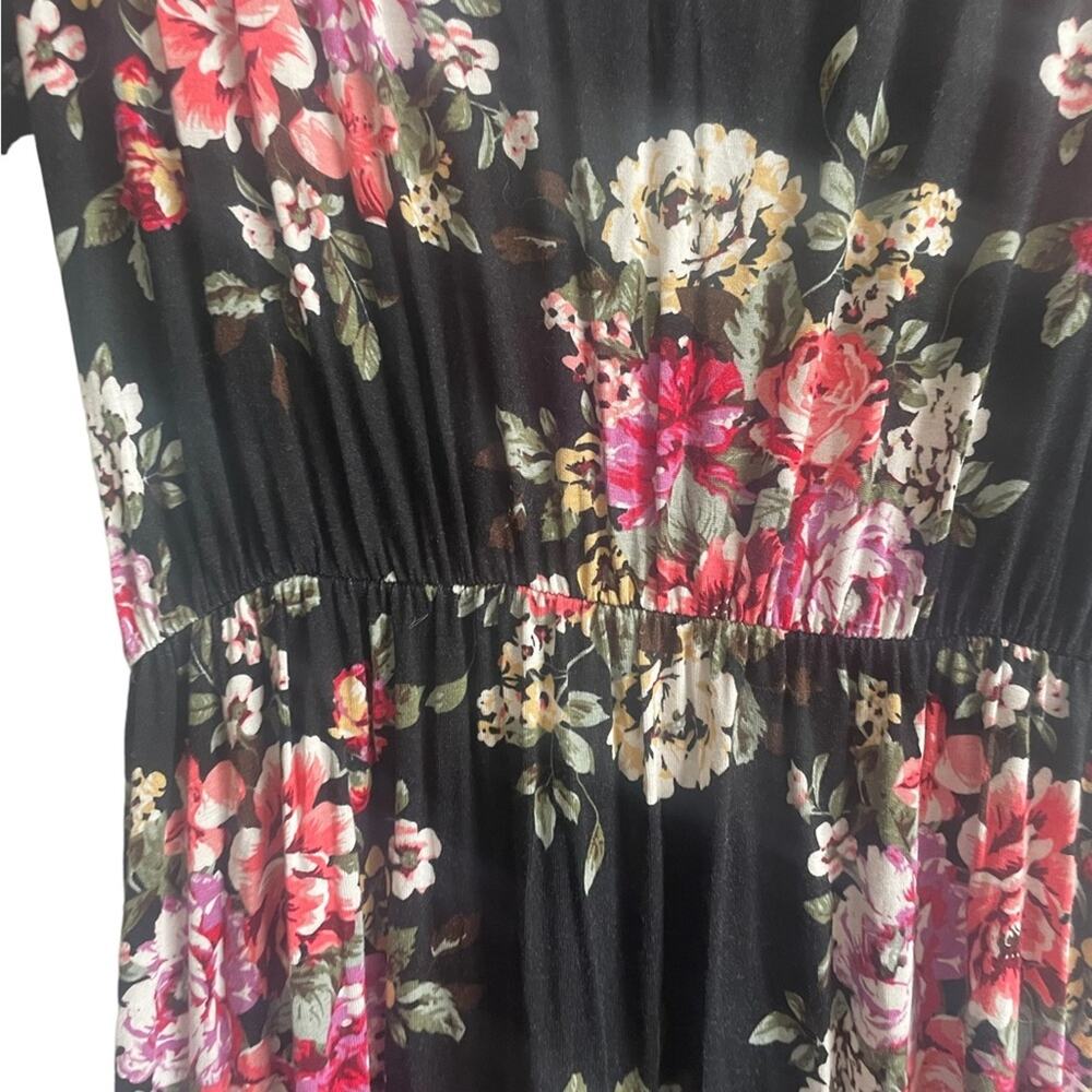 Black Floral Maxi Dress Womens XL Surplice V Neck Short Sleeve Front Slit Flowy - Picture 6 of 9